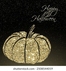 Sparkling gold glitter pumpkin illustration on a dark, starry background with the words Happy Halloween written in elegant cursive font. Glittering effect pumpkin. Halloween-themed design card.