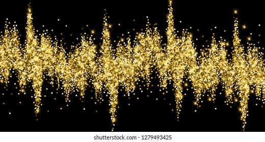 Sparkling gold luxury sparkling confetti. Scattered small gold particles on black background. Alive festive overlay template. Grand vector illustration.