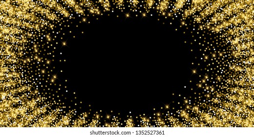 Sparkling gold luxury sparkling confetti. Scattered small gold particles on black background. Alluring festive overlay template. Modern vector illustration.