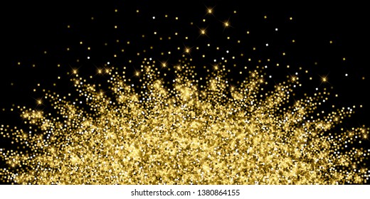 Sparkling gold luxury sparkling confetti. Scattered small gold particles on black background. Alive festive overlay template. Eminent vector illustration.
