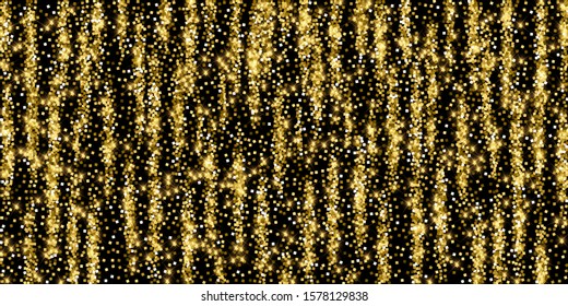 Sparkling gold luxury sparkling confetti. Scattered small gold particles on black background. Alive festive overlay template. Resplendent vector illustration.