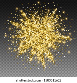 Sparkling gold luxury sparkling confetti. Scattered small gold particles on trasparent background. Adorable festive overlay template. Actual vector illustration.