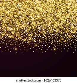 Sparkling gold luxury sparkling confetti. Scattered small gold particles on red maroon background. Adorable festive overlay template. Graceful vector illustration.