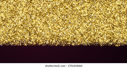 Sparkling gold luxury sparkling confetti. Scattered small gold particles on red maroon background. Alluring festive overlay template. Alive vector illustration.