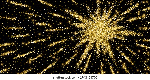 Sparkling gold luxury sparkling confetti. Scattered small gold particles on black background. Alive festive overlay template. Delicate vector illustration.