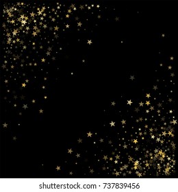 sparkling gold stars background corner, golden christmas lights confetti falling. magic shining Flying stars on night sky glitter cosmic backdrop, sparkle vector border. 