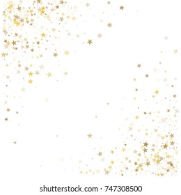 Sparkling Gold Stars Background Corner, Golden Christmas Lights Confetti Falling. Magic Shining Flying Stars Glitter Cosmic Backdrop, Sparkle Vector Border. 