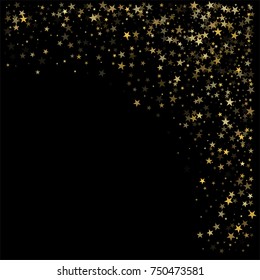sparkling gold stars background corner, golden christmas lights confetti falling. magic shining Flying stars on night sky glitter cosmic backdrop, sparkle vector border. 