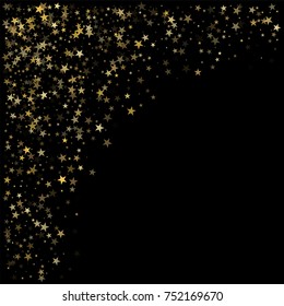 sparkling gold stars background corner, golden christmas lights confetti falling. magic shining Flying stars on night sky glitter cosmic backdrop, sparkle vector border. 