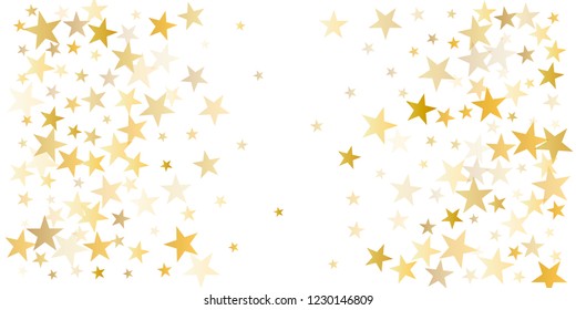 sparkling gold stars background, golden sparkles confetti falling. christmas lights magic shining Flying stars glitter cosmic backdrop, vector border. tinsel elements celebration graphic design.