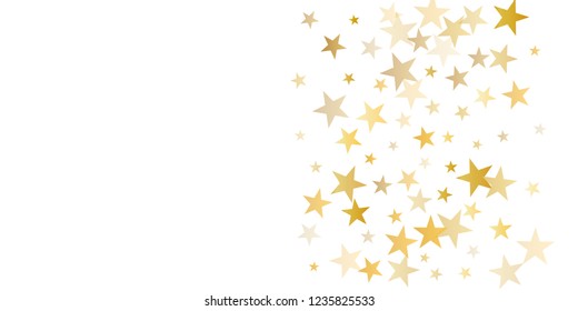 sparkling gold stars background, golden sparkles confetti falling. christmas lights magic shining Flying stars glitter cosmic backdrop, vector border. tinsel elements celebration graphic design.
