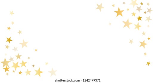 sparkling gold stars background, golden sparkles confetti falling. christmas lights magic shining Flying stars glitter cosmic backdrop, vector border. tinsel elements celebration graphic design.