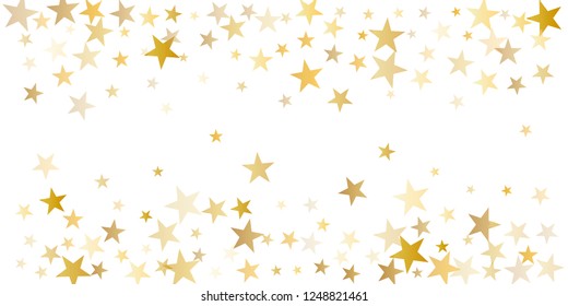 sparkling gold stars background, golden sparkles confetti falling. christmas lights magic shining Flying stars glitter cosmic backdrop, vector border. tinsel elements celebration graphic design.