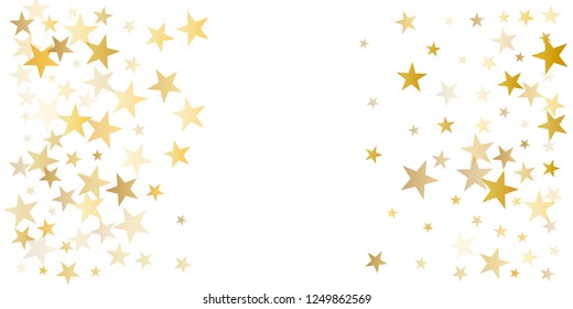 sparkling gold stars background, golden sparkles confetti falling. christmas lights magic shining Flying stars glitter cosmic backdrop, vector border. tinsel elements celebration graphic design.