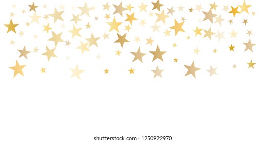 sparkling gold stars background, golden sparkles confetti falling. christmas lights magic shining Flying stars glitter cosmic backdrop, vector border. tinsel elements celebration graphic design.