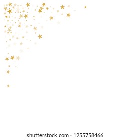 sparkling gold stars background, golden sparkles confetti falling. christmas lights magic shining Flying stars glitter cosmic backdrop, vector border. tinsel elements celebration graphic design.
