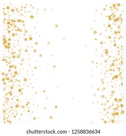 sparkling gold stars background, golden sparkles confetti falling. christmas lights magic shining Flying stars glitter cosmic backdrop, vector border. tinsel elements celebration graphic design.