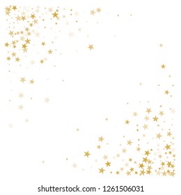 sparkling gold stars background, golden sparkles confetti falling. christmas lights magic shining Flying stars glitter cosmic backdrop, vector border. tinsel elements celebration graphic design.