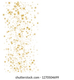 sparkling gold stars background, golden sparkles confetti falling. christmas lights magic shining Flying stars glitter cosmic backdrop, vector border. tinsel elements celebration graphic design.