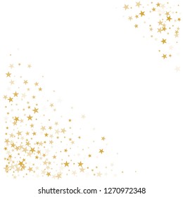 sparkling gold stars background, golden sparkles confetti falling. christmas lights magic shining Flying stars glitter cosmic backdrop, vector border. tinsel elements celebration graphic design.