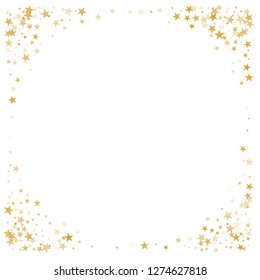 sparkling gold stars background, golden sparkles confetti falling. christmas lights magic shining Flying stars glitter cosmic backdrop, vector border. tinsel elements celebration graphic design.