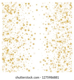 sparkling gold stars background, golden sparkles confetti falling. christmas lights magic shining Flying stars glitter cosmic backdrop, vector border. tinsel elements celebration graphic design.