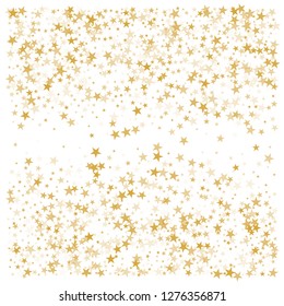 sparkling gold stars background, golden sparkles confetti falling. christmas lights magic shining Flying stars glitter cosmic backdrop, vector border. tinsel elements celebration graphic design.