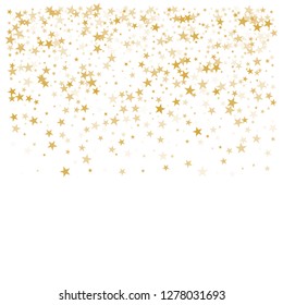 sparkling gold stars background, golden sparkles confetti falling. christmas lights magic shining Flying stars glitter cosmic backdrop, vector border. tinsel elements celebration graphic design.
