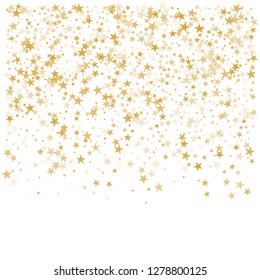 sparkling gold stars background, golden sparkles confetti falling. christmas lights magic shining Flying stars glitter cosmic backdrop, vector border. tinsel elements celebration graphic design.
