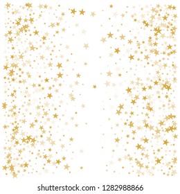 sparkling gold stars background, golden sparkles confetti falling. christmas lights magic shining Flying stars glitter cosmic backdrop, vector border. tinsel elements celebration graphic design.