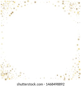 sparkling gold stars background, golden sparkles confetti falling. christmas lights magic shining Flying stars glitter cosmic backdrop, vector border. tinsel elements celebration graphic design.