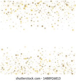 sparkling gold stars background, golden sparkles confetti falling. christmas lights magic shining Flying stars glitter cosmic backdrop, vector border. tinsel elements celebration graphic design.