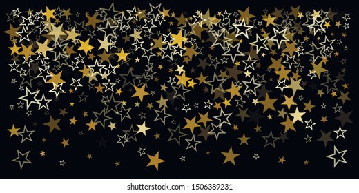 sparkling gold stars background, golden sparkles confetti falling. christmas lights magic shining Flying stars glitter cosmic backdrop, vector border. tinsel elements celebration graphic design.