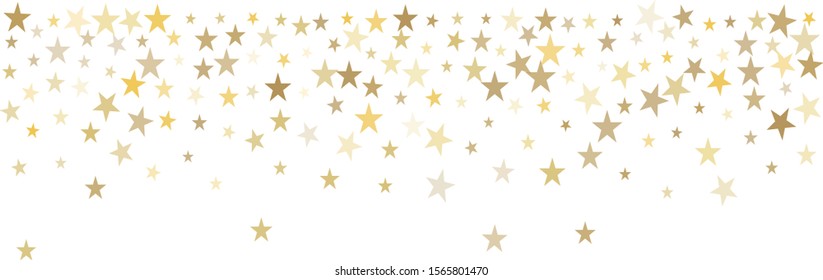 sparkling gold stars background, golden sparkles confetti falling. christmas lights magic shining flying stars glitter backdrop, vector border. tinsel elements celebration graphic design.