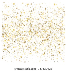 sparkling gold stars background, golden christmas lights confetti falling. magic shining Flying stars on night sky glitter cosmic backdrop, sparkle vector border. 