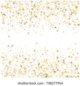 sparkling gold stars background, golden christmas lights confetti falling. magic shining Flying stars on night sky glitter cosmic backdrop, sparkle vector border. 