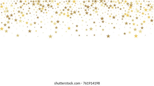 sparkling gold stars background, golden christmas lights confetti falling. magic shining Flying stars on night sky glitter cosmic backdrop, sparkle vector border.