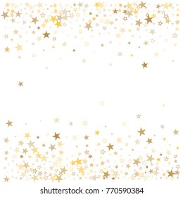 Sparkling Gold Stars Background, Golden Sparkles Confetti Falling. Christmas Lights Magic Shining Flying Stars Glitter Cosmic Backdrop, Vector Border. 