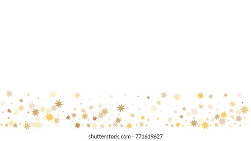 sparkling gold stars background, golden christmas lights confetti falling. magic shining Flying stars on night sky glitter cosmic backdrop, sparkle vector border. 