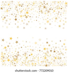 sparkling gold stars background, golden sparkles confetti falling. christmas lights magic shining Flying stars glitter cosmic backdrop, vector border. 