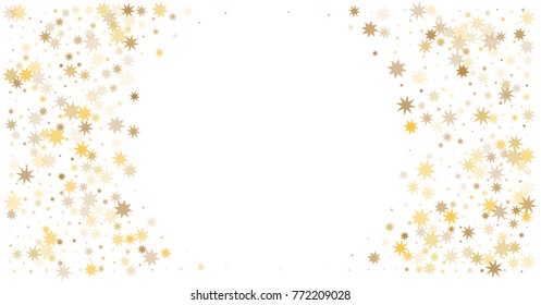 sparkling gold stars background, golden christmas lights confetti falling. magic shining Flying stars on night sky glitter cosmic backdrop, sparkle vector border. 