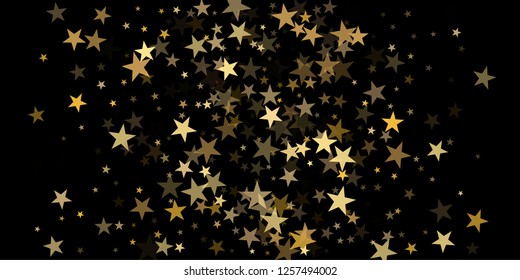 sparkling gold stars background on black, golden sparkles confetti falling. christmas lights magic shining Flying stars glitter cosmic backdrop, vector border. tinsel elements graphic design.