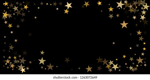 sparkling gold stars background on black, golden sparkles confetti falling. christmas lights magic shining Flying stars glitter cosmic backdrop, vector border. tinsel elements graphic design.