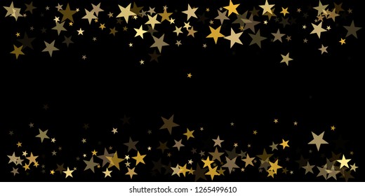 sparkling gold stars background on black, golden sparkles confetti falling. christmas lights magic shining Flying stars glitter cosmic backdrop, vector border. tinsel elements graphic design.