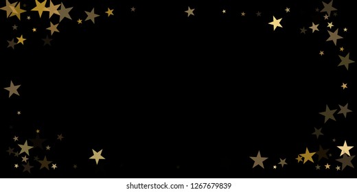 sparkling gold stars background on black, golden sparkles confetti falling. christmas lights magic shining Flying stars glitter cosmic backdrop, vector border. tinsel elements graphic design.