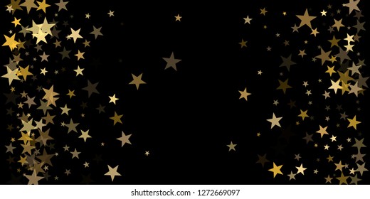 sparkling gold stars background on black, golden sparkles confetti falling. christmas lights magic shining Flying stars glitter cosmic backdrop, vector border. tinsel elements graphic design.