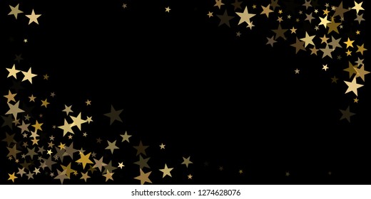 sparkling gold stars background on black, golden sparkles confetti falling. christmas lights magic shining Flying stars glitter cosmic backdrop, vector border. tinsel elements graphic design.