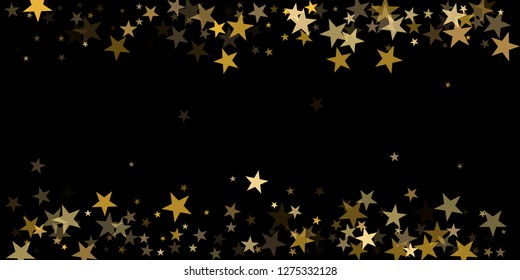 sparkling gold stars background on black, golden sparkles confetti falling. christmas lights magic shining Flying stars glitter cosmic backdrop, vector border. tinsel elements graphic design.
