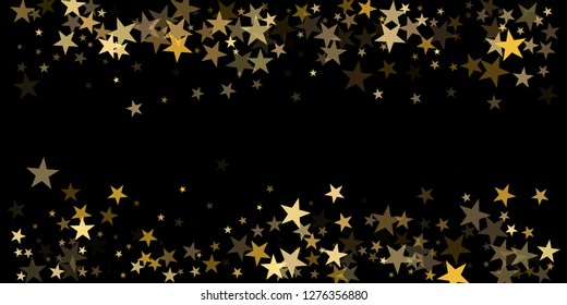 sparkling gold stars background on black, golden sparkles confetti falling. christmas lights magic shining Flying stars glitter cosmic backdrop, vector border. tinsel elements graphic design.