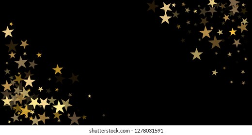 sparkling gold stars background on black, golden sparkles confetti falling. christmas lights magic shining Flying stars glitter cosmic backdrop, vector border. tinsel elements graphic design.